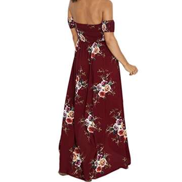 SVALIY Women Floral Off The Shoulder Split Chiffon Maxi Beach Dress Wedding Party (M, Red Wine)