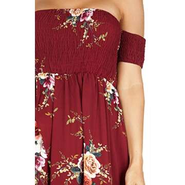 SVALIY Women Floral Off The Shoulder Split Chiffon Maxi Beach Dress Wedding Party (M, Red Wine)