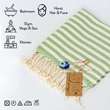 Ange d'Or Lucky Turkish Hand Towel Set of 2| 100% Cotton 39 x 19 Inches | Decorative Peshtemal Hand Towels for Bathroom | for Hand, Face, Hair, Gym, Yoga, Tea, Kitchen and Bath (Green)