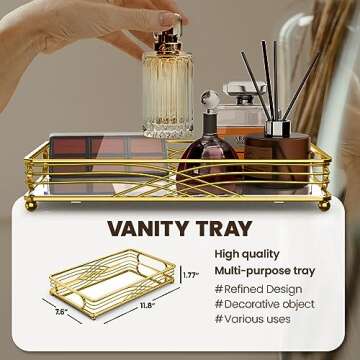ADDFIT HOUSE Vanity Jewelry Decor Mirror Tray - Bathroom Tray, Large Cosmetic & Perfume Organizer for Bathroom Counter. Premium Metal & Glass Decorative Storage Tray for Makeup & Accessories