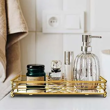 ADDFIT HOUSE Vanity Jewelry Decor Mirror Tray - Bathroom Tray, Large Cosmetic & Perfume Organizer for Bathroom Counter. Premium Metal & Glass Decorative Storage Tray for Makeup & Accessories