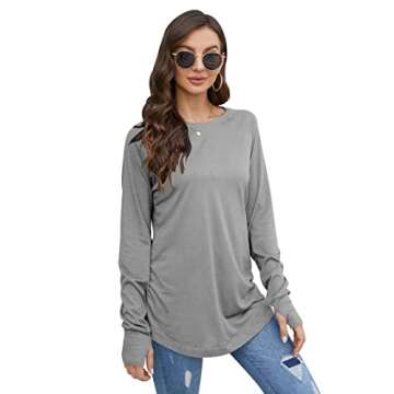 Fisoew Women's Casual Long Sleeve Tops Crew Neck Round Hem Loose T-Shirts Tunic Tops with Thumb Holes Grey