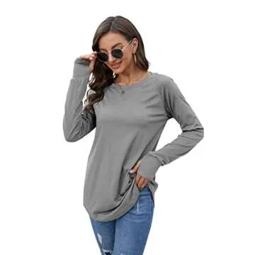 Fisoew Women's Casual Long Sleeve Tops Crew Neck Round Hem Loose T-Shirts Tunic Tops with Thumb Holes Grey