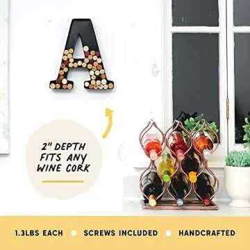 will's Metal Wine Cork Holder - Letters A to Z | Modern Housewarming Gift, Home Bar Decor Wine Gift, Wine Bar Decor, Wedding Registry Items | Large Wall Art | Wine Gifts for Women, Black Large (A)