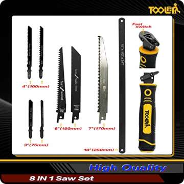 TOOLAN: 8-In-1 Multi Blades Hand Saw, Drywall Cutter Saw. Hacksaw. Long Blade Hand Saw, Jab Saw, For Cutting Drywall, Sheetrock, Wood, Metel, Plastic, Plywood. Blade Quick Change Mechanism.