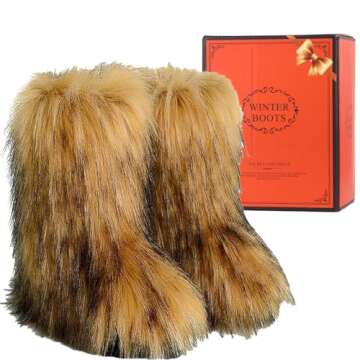 Valpeak Snow Boots for Women 2023 Furry Boots Winter Knee High Flat Heel Fluffy Faux Fur Boots(Natur...