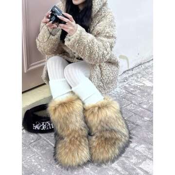 Valpeak Snow Boots for Women 2023 Furry Boots Winter Knee High Flat Heel Fluffy Faux Fur Boots(Natural,9)
