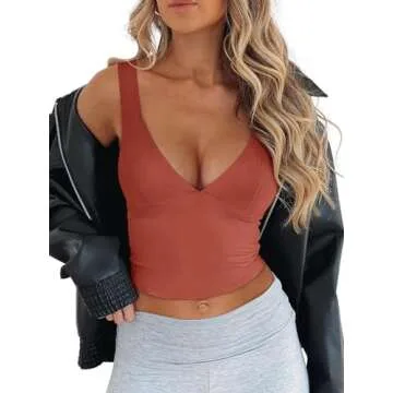 REORIA Women's Summer Sexy Casual Deep V Neck Sleeveless Slim Fit Cropped Corset Cami Fashion Trendy Y2k Going Out Crop Tank Tops Rusty Red Small