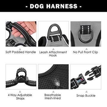 PHOEPET No Pull Dog Harness Medium Reflective Front Clip Vest with Handle,Adjustable 2 Metal Rings 3 Buckles,[Easy to Put on & Take Off](XS, Grey)