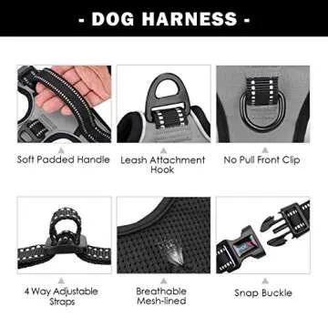 PHOEPET No Pull Dog Harness Medium Reflective Front Clip Vest with Handle,Adjustable 2 Metal Rings 3 Buckles,[Easy to Put on & Take Off](XS, Grey)