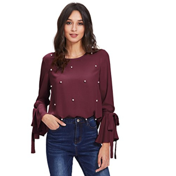 Floerns Beading Bell Sleeve Chiffon Blouse Tops for Women