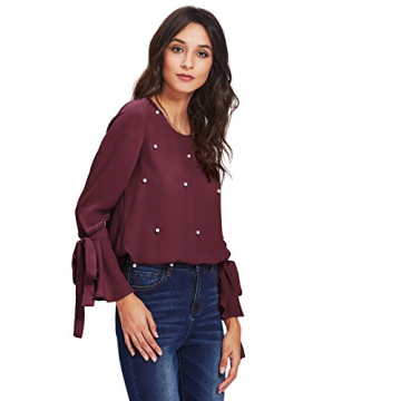 Floerns Beading Bell Sleeve Chiffon Blouse Tops for Women