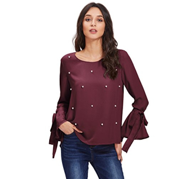 Floerns Beading Bell Sleeve Chiffon Blouse Tops for Women