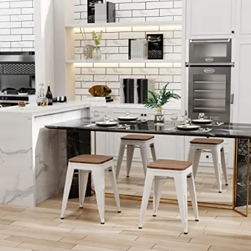 Andeworld 18 Inch Industrial Metal Wooden Stools Set of 4