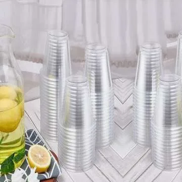 TashiBox Plastic Cups with Flat Lids 100 Sets 16 oz, Clear Crystal drink cups with lids