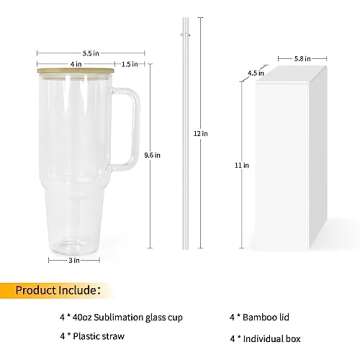 AGH 40oz Sublimation Glass Tumbler with Handle, 4pcs Clear Sublimation Glass Cups Blanks with Bamboo...