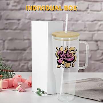 AGH 40oz Sublimation Glass Tumbler with Handle, 4pcs Clear Sublimation Glass Cups Blanks with Bamboo Lid & Plastic Straw, Reusable Iced Coffee Cup Fits in Car Cup Holder