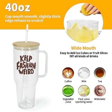 AGH 40oz Sublimation Glass Tumbler with Handle, 4pcs Clear Sublimation Glass Cups Blanks with Bamboo Lid & Plastic Straw, Reusable Iced Coffee Cup Fits in Car Cup Holder