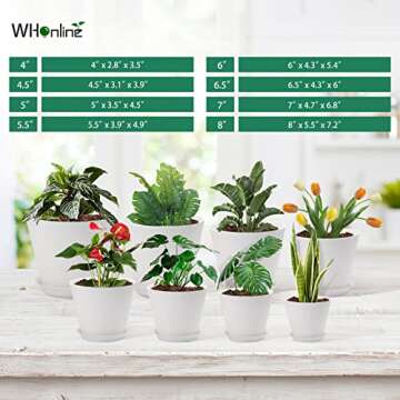 Whonline 8 Pack Plastic Plant Pots，8/7/6.5/6/5.5/5/4.5/4 Inch Flower Pots for Indoor Plants，Modern Planters with Drainage Holes and Trays for All House Plants.