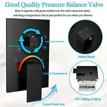 Rain Shower System 12 inch Shower Faucet Set with Tub Spout,Bathroom Wall Mounted Waterfall Shower Head Faucet Sets Complete with Handheld Spray,Rough-in Valve Body and Trim kit,Matte Black