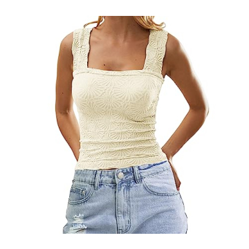 AIHUKOCY Women Square Neck Wide Strap Floral Crop Tank Top Sleeveless Lettuce Trim Solid Slim Croppe...