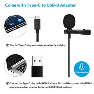 YOTTO USB Type-C Lavalier Microphone for Android, Omnidirectional Condenser USB-C Clip on Lapel Microphone for YouTube, TikTok, Interview, Livestream, Video, Recording with USB-B Adapter(19.5ft)