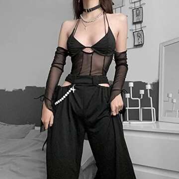 Meladyan Women Sexy Mesh Patchwork Long Sleeve Halter Crop Cami Top Backless Self tie Bustier Corset Tank Camisole Tops Black