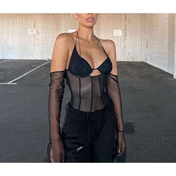 Meladyan Women Sexy Mesh Patchwork Long Sleeve Halter Crop Cami Top Backless Self tie Bustier Corset Tank Camisole Tops Black
