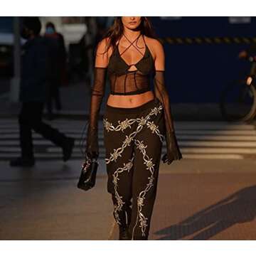 Meladyan Women Sexy Mesh Patchwork Long Sleeve Halter Crop Cami Top Backless Self tie Bustier Corset Tank Camisole Tops Black