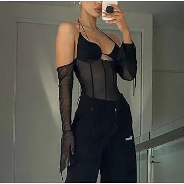 Meladyan Women Sexy Mesh Patchwork Long Sleeve Halter Crop Cami Top Backless Self tie Bustier Corset Tank Camisole Tops Black