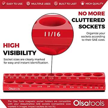 Olsa Tools Magnetic Socket Organizer | 3/8-inch Drive | SAE | RED | Holds 26 Sockets | Professional ...