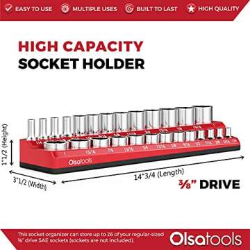 Olsa Tools Magnetic Socket Organizer | 3/8-inch Drive | SAE | RED | Holds 26 Sockets | Professional Quality Tools Organizer