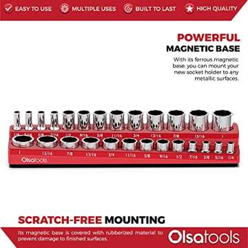 Olsa Tools Magnetic Socket Organizer | 3/8-inch Drive | SAE | RED | Holds 26 Sockets | Professional Quality Tools Organizer