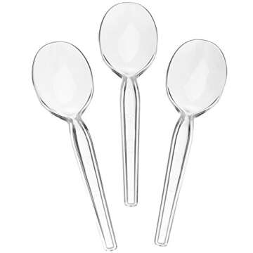 [50 Count] Settings Plastic Clear Soup Spoons, Heavyweight Disposable Cutlery, Great For Home, Offic...