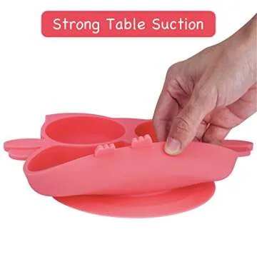 Kirecoo Owl Silicone Suction Plate - Self Feeding Training Storage Divided Plate, Baby Toddler Bowl and Dish, Fits for Most Hairchairs Trays, Microwave Dishwasher Safe (Pink)