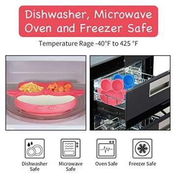 Kirecoo Owl Silicone Suction Plate - Self Feeding Training Storage Divided Plate, Baby Toddler Bowl and Dish, Fits for Most Hairchairs Trays, Microwave Dishwasher Safe (Pink)