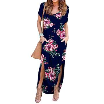 GRECERELLE Women's Casual Loose Long Dress Short Sleeve Floral Print Maxi Dresses with Pockets FP-Navy Blue Large