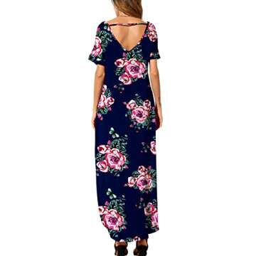 GRECERELLE Women's Casual Loose Long Dress Short Sleeve Floral Print Maxi Dresses with Pockets FP-Navy Blue Large