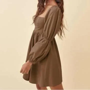 EXLURA Womens Square Neck Dress Long Puff Sleeve A-Line Casual Short Mini Dress Brown