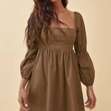 EXLURA Womens Square Neck Dress Long Puff Sleeve A-Line Casual Short Mini Dress Brown