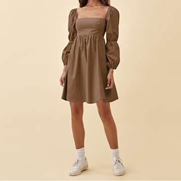 EXLURA Womens Square Neck Dress Long Puff Sleeve A-Line Casual Short Mini Dress Brown