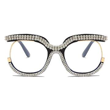 LJCZKA Oversized Blue Light Blocking Glasses Women Rhinestone Anti Blue Light Glasses Diamond Anti Eyestrain Eyeglasses (Black)