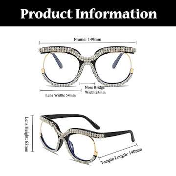LJCZKA Oversized Blue Light Blocking Glasses Women Rhinestone Anti Blue Light Glasses Diamond Anti Eyestrain Eyeglasses (Black)