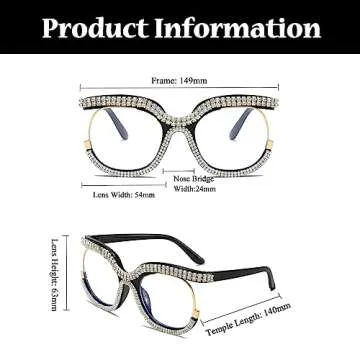 LJCZKA Oversized Blue Light Blocking Glasses Women Rhinestone Anti Blue Light Glasses Diamond Anti Eyestrain Eyeglasses (Black)
