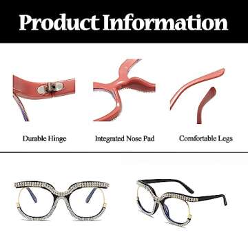 LJCZKA Oversized Blue Light Blocking Glasses Women Rhinestone Anti Blue Light Glasses Diamond Anti Eyestrain Eyeglasses (Black)