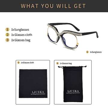 LJCZKA Oversized Blue Light Blocking Glasses Women Rhinestone Anti Blue Light Glasses Diamond Anti Eyestrain Eyeglasses (Black)