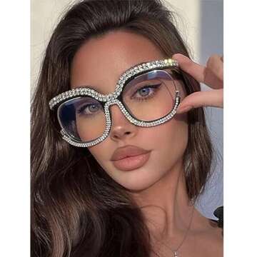 LJCZKA Oversized Blue Light Blocking Glasses Women Rhinestone Anti Blue Light Glasses Diamond Anti Eyestrain Eyeglasses (Black)
