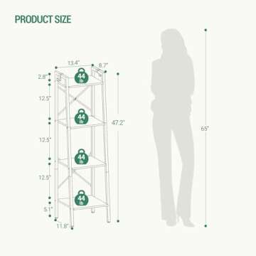 Hzuaneri Ladder Shelf, Bookshelf Bookcase, Freestanding Corner Storage Shelve with 2 Hooks for Home Office, Living Room, Kitchen, Bedroom, Industrial, 4-Tier Greige BC13205B