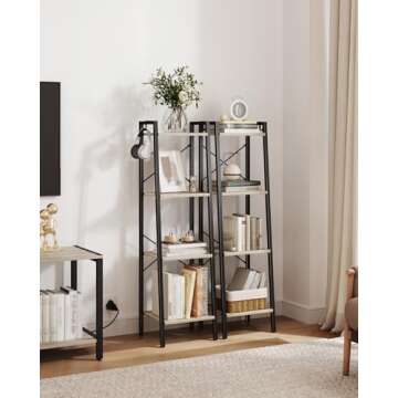Hzuaneri Ladder Shelf, Bookshelf Bookcase, Freestanding Corner Storage Shelve with 2 Hooks for Home Office, Living Room, Kitchen, Bedroom, Industrial, 4-Tier Greige BC13205B