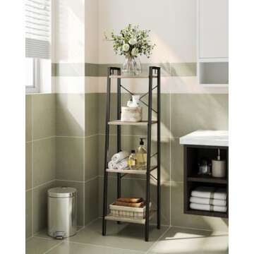 Hzuaneri Ladder Shelf, Bookshelf Bookcase, Freestanding Corner Storage Shelve with 2 Hooks for Home Office, Living Room, Kitchen, Bedroom, Industrial, 4-Tier Greige BC13205B